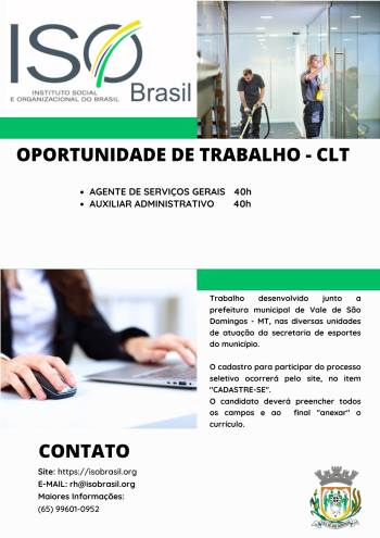 OPORTUNIDADE DE TRABALHO - CLT - Vale de S&atilde;o Domingos - MT, nas diversas unidades de atua&ccedil;&atilde;o da secretaria de esportes do munic&iacute;pio
