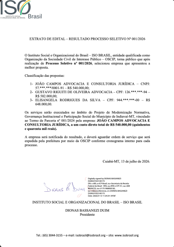 EXTRATO DE EDITAL &ndash; RESULTADO PROCESSO SELETIVO N&ordm; 001/2026