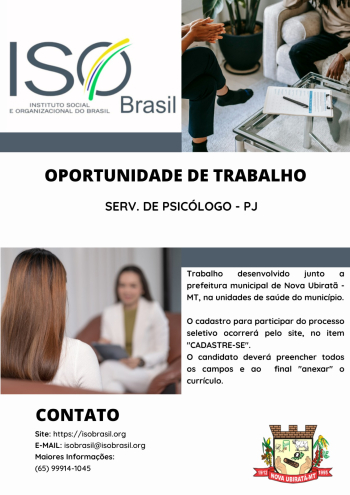 OPORTUNIDADE DE TRABALHO PJ - Nova Ubirat&atilde; - MT, na unidades de sa&uacute;de do munic&iacute;pio