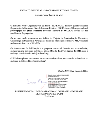 EXTRATO DE EDITAL &ndash; PROCESSO SELETIVO N&ordm; 001/2026 PRORROGA&Ccedil;&Atilde;O DE PRAZO - Munic&iacute;pio de Indiava&iacute;-MT