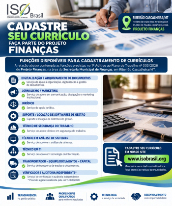 ISO Brasil abre cadastramento de curr&iacute;culos para o Projeto Finan&ccedil;as em Ribeir&atilde;o Cascalheira/MT